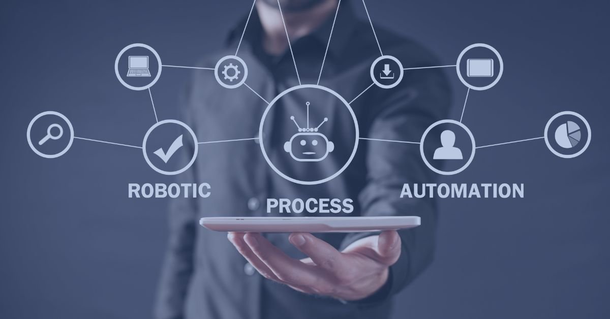 Automation Drives Workforce Evolution: Hand holding a tablet with icons floating in the foreground. Icons read: "Robotic," "Process," and "Automation".