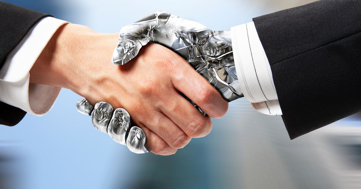 Embracing AI in Staffing: Human hand shaking hands with a robot hand