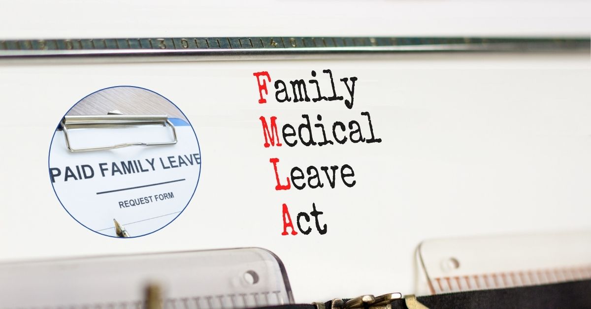Managing PFL And FMLA: A typewriter with paper spelling out "Family Medical Leave Act". Adjacent to the FMLA outline is a circle featuring a photo of a clipboard holding a form reading "Paid Family Leave".