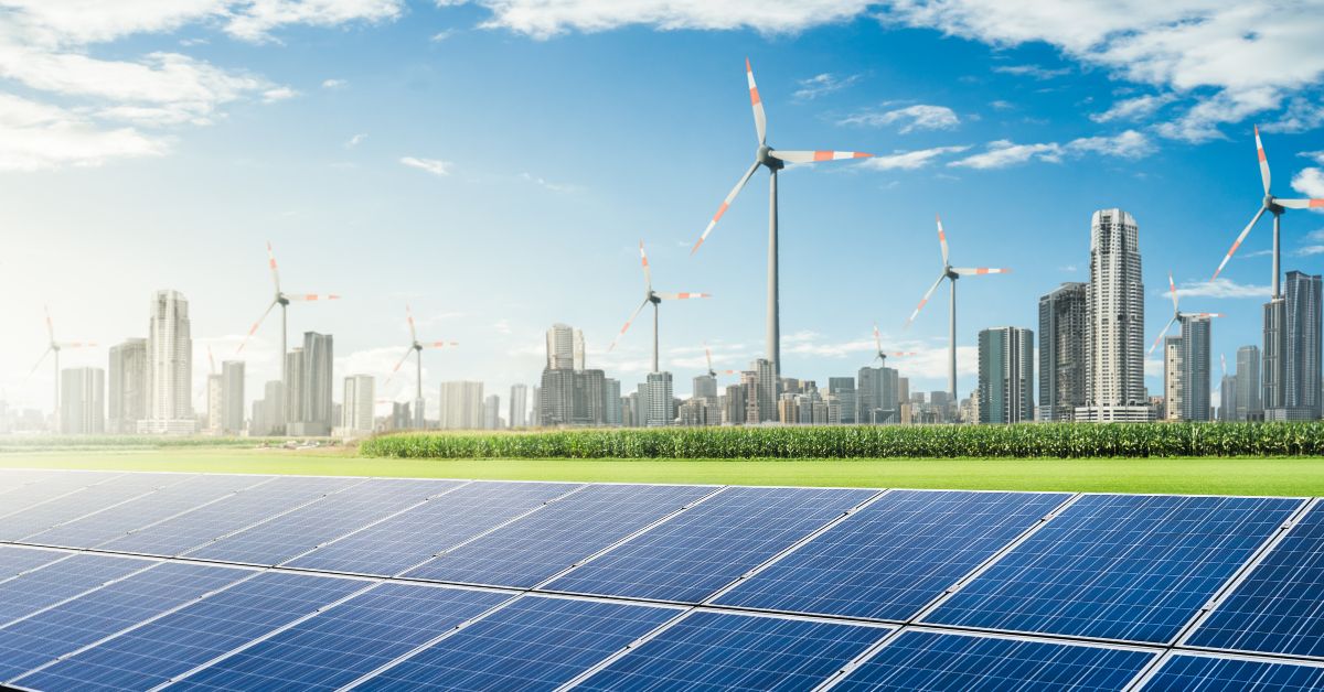Renewable Energy 10 Million Jobs: Landscape illustration featuring solar and wind farms