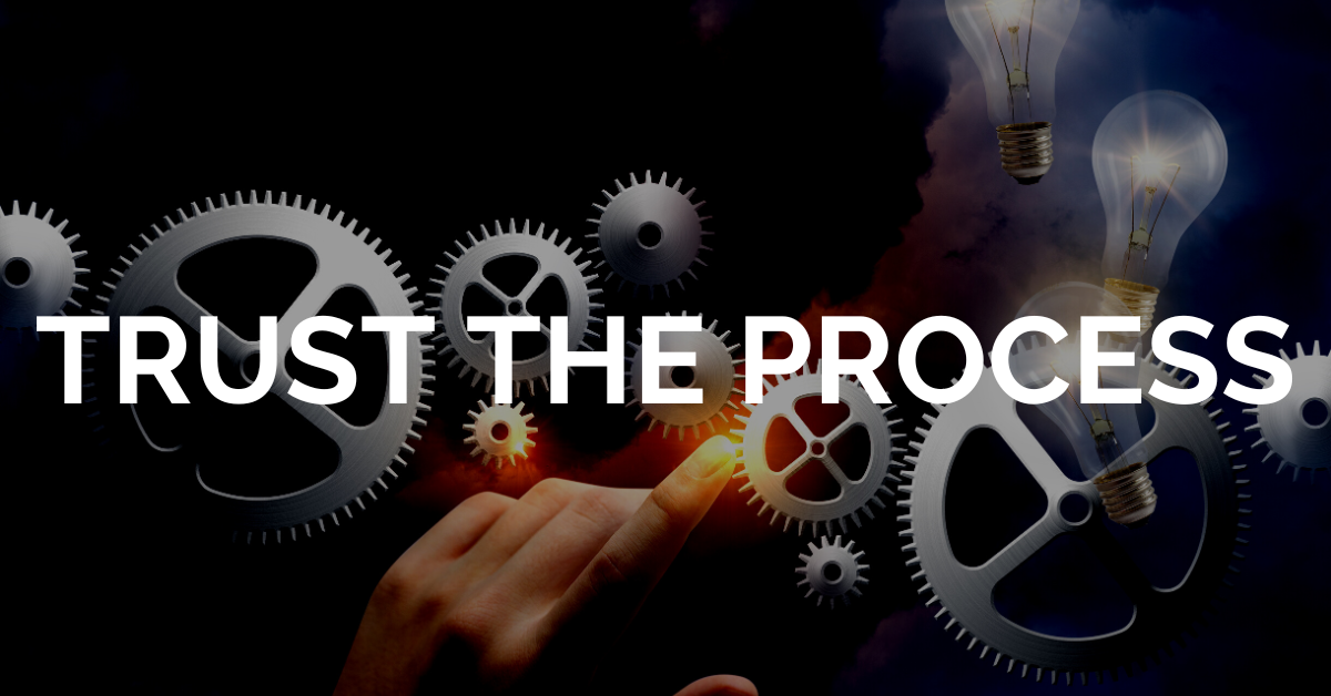 Trust The Process And Commit To Your Goals: A hand pointing to a series of interlocking gears with light bulbs illuminating the background. The text reads "Trust the Process," symbolizing the importance of embracing structured approaches in achieving goals.