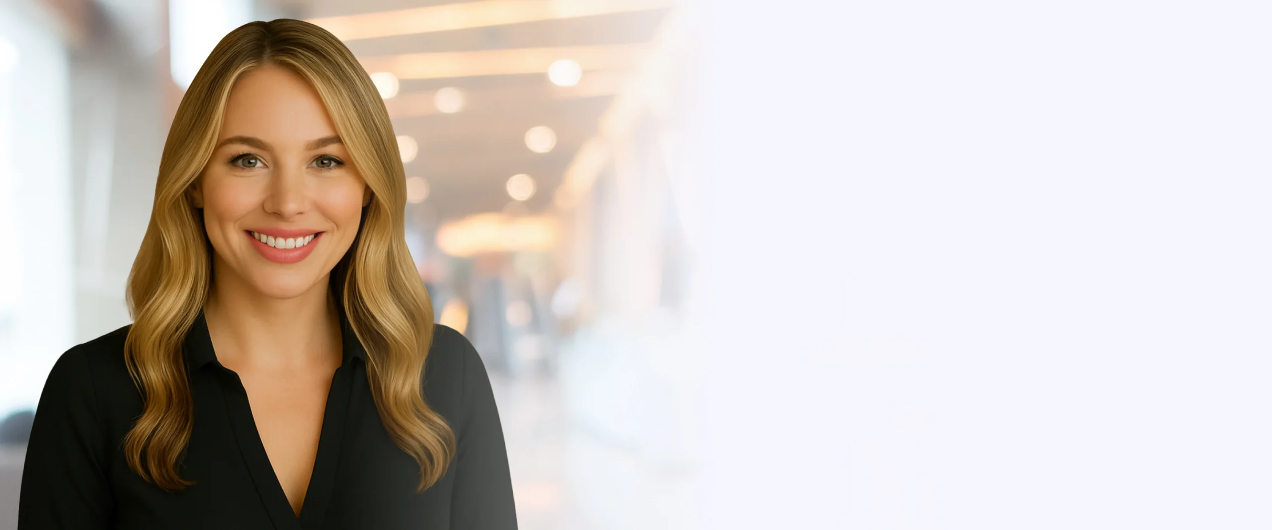Caroline Smiling Office Hallway Wearing Black Office Blouse