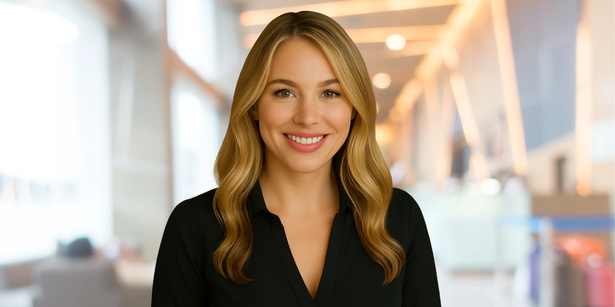 Caroline Smiling Wearing Black Office Blouse Office Background