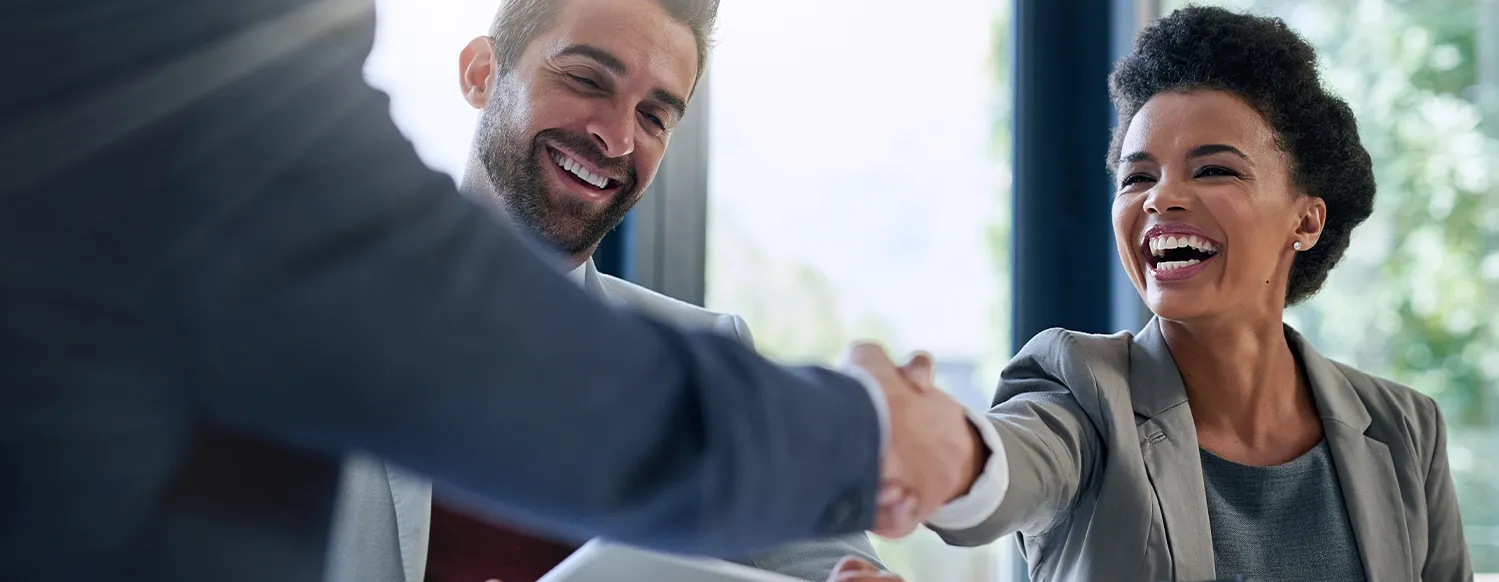 Executive Meeting Professionals Handshake Smiling African American Woman