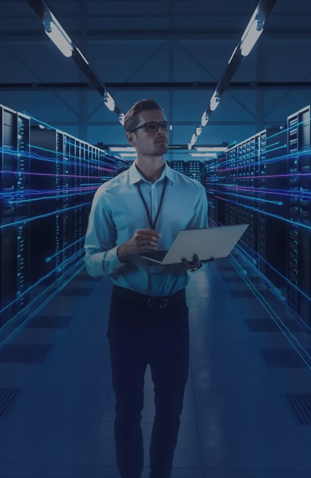 Professional Man Holding Laptop Server Room